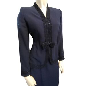 Albert Nipon Evening Petite 2-Piece Blazer Jacket and Skirt Suit Ensemble Navy 2